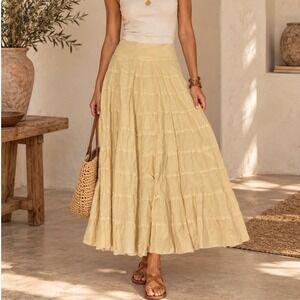 ING Cotton Tiered Maxi Skirt Yellow Boho Cottagecore Coastal Summer S whimsy c5